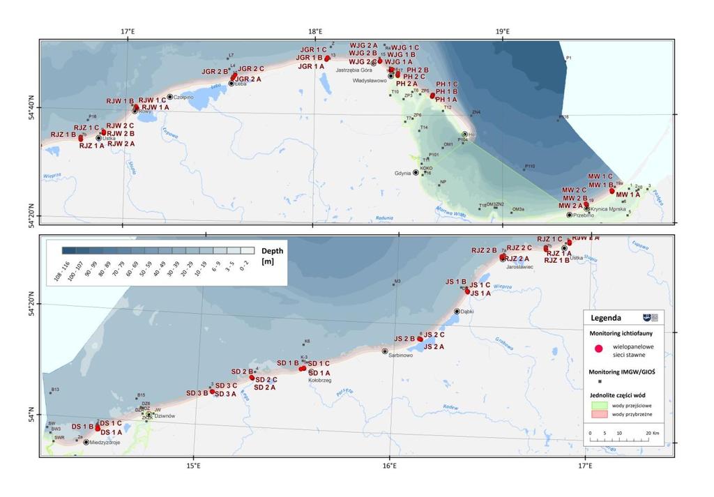 W odniesieniu do części wód przybrzeżnych, w okresie 2014-2016, badania monitoringowe ryb zostaną wykonane 1 raz w 2 wybranych punktach pomiarowokontrolnych położonych wzdłuż całego wybrzeża