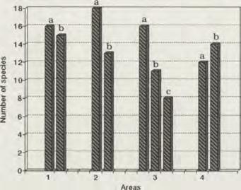 Total density and num ber of Collembola species under crown of the single trees and in adjacent biotopes: Area 1 - a - oak, b - meadow; Area 2 - a - lime, b - meadow; Area 3 - a - old lime, b - young