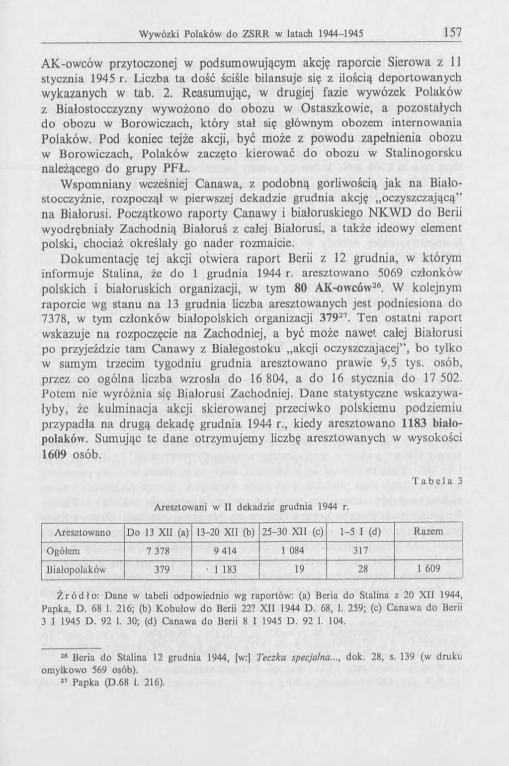 AK-owców przytoczonej w podsumowującym akcję raporcie Sierowa z 11 stycznia 1945 r. Liczba ta dość ściśle bilansuje się z ilością deportowanych wykazanych w tab. 2.