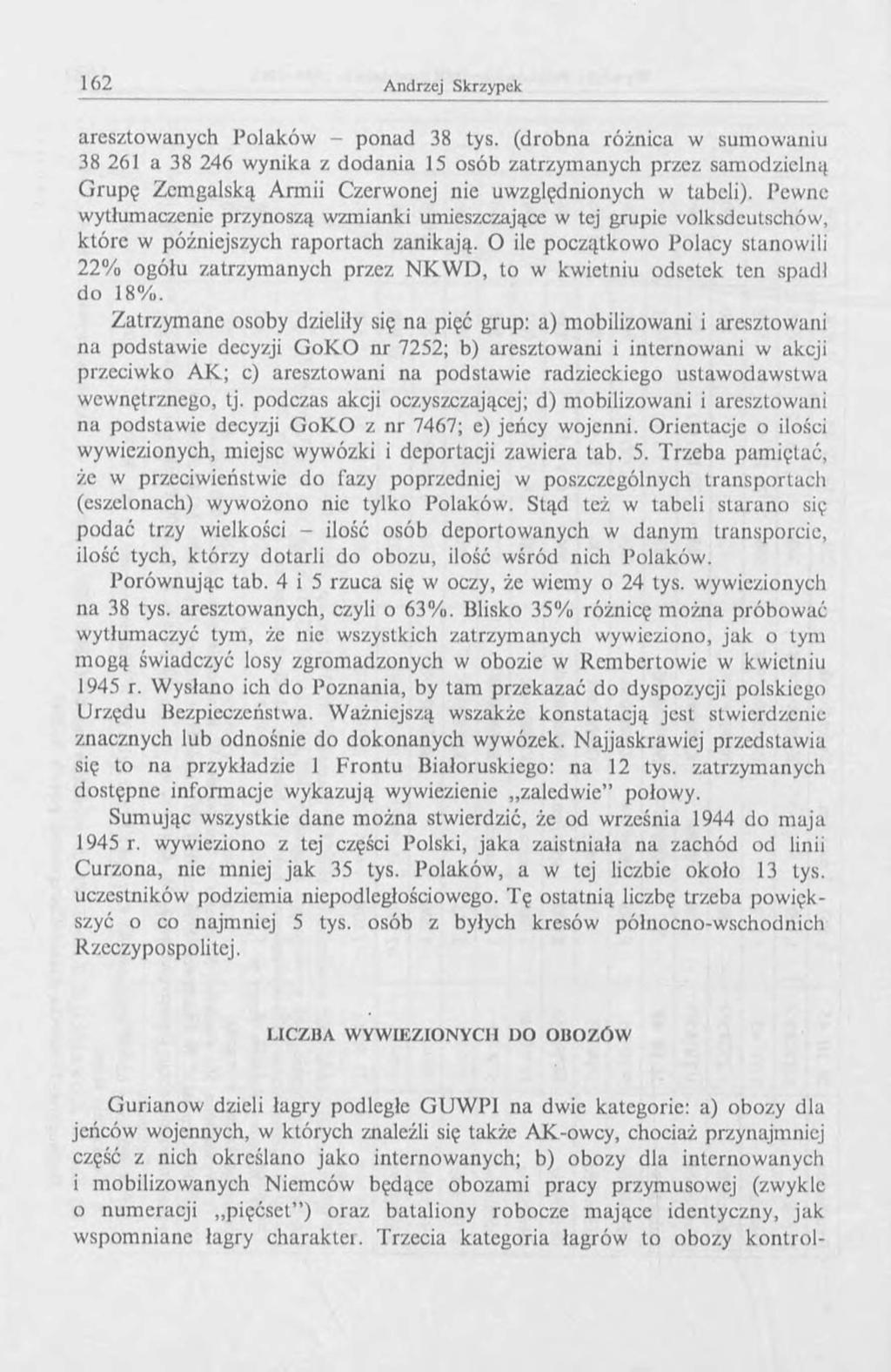 aresztowanych Polaków - ponad 38 tys. (drobna różnica w sumowaniu 38 261 a 38 246 wynika z dodania 15 osób zatrzymanych przez samodzielną Grupę Zcmgalską Armii Czerwonej nie uwzględnionych w tabeli).