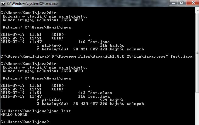 Następnie Rysunek 6 - Lokalizacja kompilatora Javy (javac) przeciągam plik javac.exe do Command Line zostanie wstawiona pełna ścieżka do javac a.