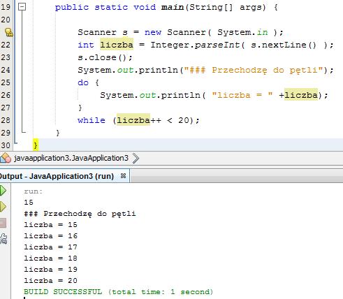 Rzadka pętla do-while Pętla do-while ma następującą składnię: 1. do { 2.. 3.. 4.. OPERACJE 5. } 6. while ( [wyrażenie typu boolean] ); Np.