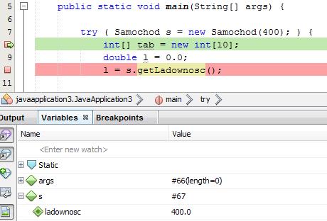 Możemy teraz podejrzeć wartość każdej zmiennej zadeklarowanej do linijki w której znajduje się Debugger.