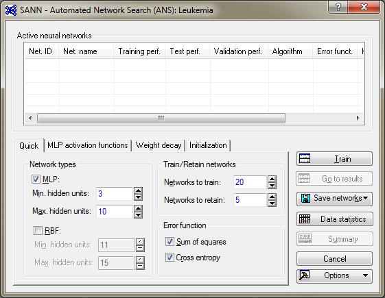 Automatyczne tworzenie sieci neuronowej Neurony liniowe (MLP) Minimalnie (3) maksymalnie (10) neuronów w