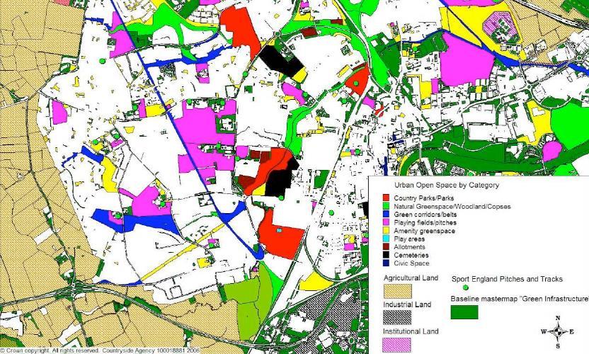 System informacji przestrzennej jako narzędzie planowania BZI: inwentaryzacja Kolorami: zielonym, niebieskim, żółtym, czerwonym i indygo oznaczono