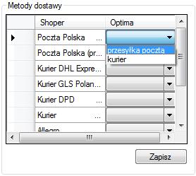 Metody dostawy należy wybrać z list rozwijanych: Po przypisaniu wszystkich wartości należy kliknąć Zapisz w celu zachowania ustawień. 6.5.