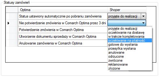 Statusy w OPTIMIE: Status ustawiony automatycznie po pobraniu zamówienia dokument Rezerwacja odbiorcy w buforze, Nie potwierdzenie zamówienia w Comarch Optima przez 3 dni dokument Rezerwacja odbiorcy