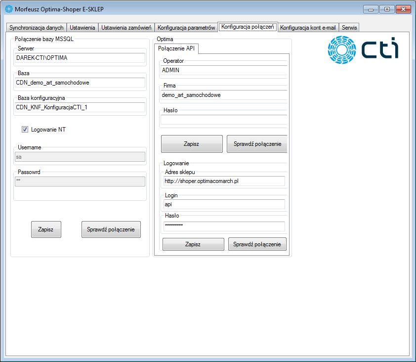 2. Konfiguracja połączenia Przed rozpoczęciem pracy z systemem należy skonfigurować połączenie z serwerem MS SQL, programem Comarch ERP Optima oraz sklepem shoper.
