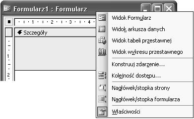 Wstawienie sekcji formularza za pomocą menu Widok z menu Widok wybrać polecenie Nagłówek/stopka formularza lub Nagłówek/ stopka strony (rysunek 4.27); Rysunek 4.28.