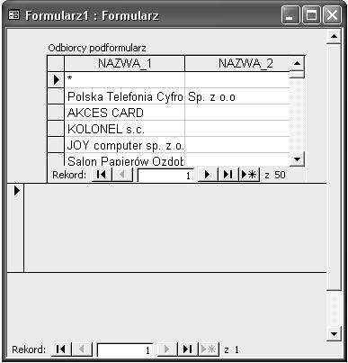 Rozdział 4. Formularze, formanty i raporty 221 Rysunek 4.59. Wygląd formularza głównego o nazwie Formularz1 wraz z zawartym w nim podformularzem o nazwie Odbiorcy podformularz 9.