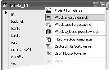 196 Access w biurze i nie tylko Formularz jako arkusz danych Przedstawiony powyżej Autoformularz został stworzony jako formularz kolumnowy, charakteryzujący się tym, że widoczne są na nim tylko dane