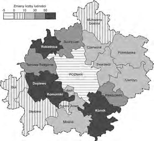 KWoM 1(29) 2016 9 Tab. 1. Zmiany liczby ludności w aglomeracji poznańskiej w latach 2002 2015 Lp. Jednostka terytorialna Liczba ludności 2002 r. 2015 r. Gęstość zaludnienia w osobach/km 2 w 2015 r.
