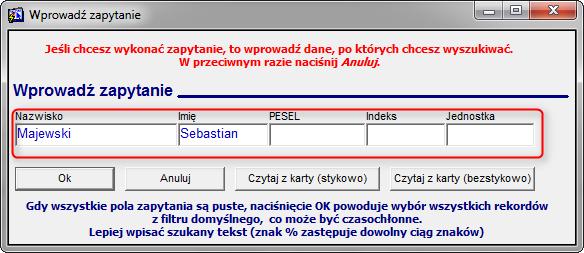 W okienku wyszukiwania (rys. 32), pojawiającym się wraz z formatką Program Osoby wyszukujemy osobę poprzez uzupełnienie dowolnie wybranych pól: Nazwiska. Imienia. Numeru PESEL. Numeru Indeksu.