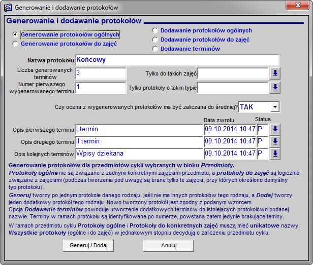 W nowo otwartym oknie (rys. 41) wpisujemy: Nazwę protokołu. Liczba generowanych terminów. Numer pierwszego terminu, który ma być wygenerowany.