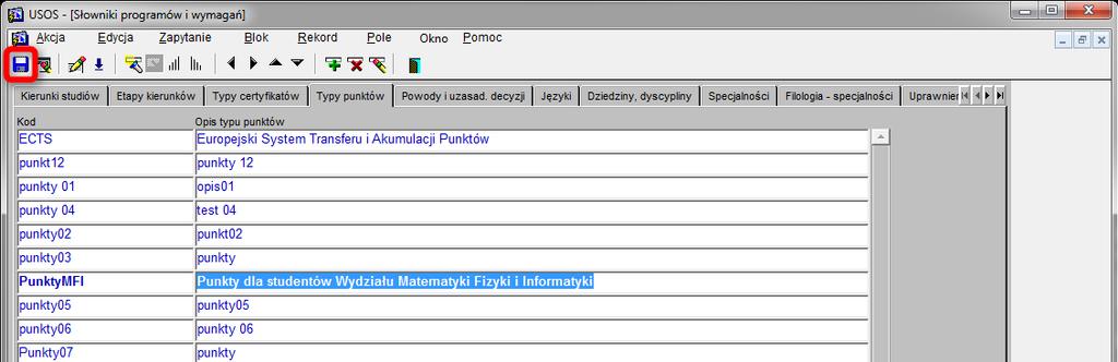 W celu zapisu wykonanych czynności naciskamy na przycisk dyskietki (rys. 4).