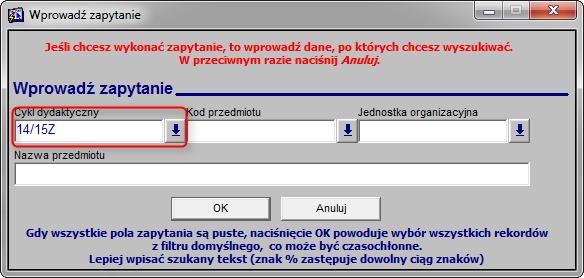 W nowo otwartym oknie wyszukiwania zajęć, wybieramy najwcześniejszy cykl utworzonych przedmiotów (rys.