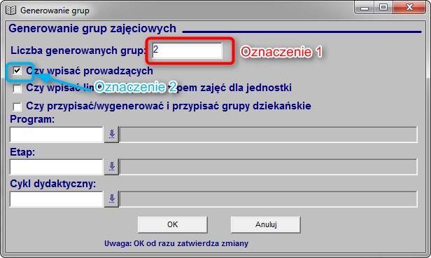 W okienku generowania grup wpisujemy liczbę grup do wygenerowania (rys. 53, ozn. 1) oraz zaznaczamy opcję Czy wpisać prowadzących (rys. 53, ozn. 2), która przypisze wcześniej przez nas wybranych koordynatora/koordynatorów przedmiotu jako prowadzących grupy.