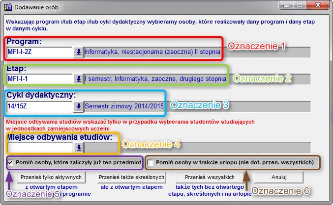 Przycisk Studenci etapu z rys. 55 pozwala dodawać studentów grupowo z podanych przez nas etapów (rys. 57).