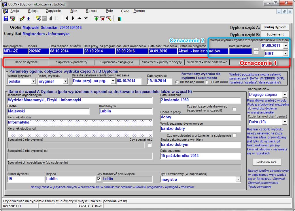 Sprawdzamy i uzupełniamy dane do dyplomu i suplementu w kolejnych zakładkach (jeżeli to konieczne) (rys. 88, ozn. 1).