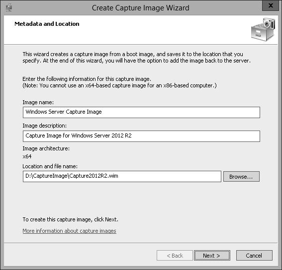 Zagadnienie 1.1: Wdrażanie i utrzymanie obrazów serwerów 11 RYSUNEK 1-4 Kreator Create Capture Image Wizard 2. Dodaj obraz przechwytywania do magazynu obrazów WDS. 3.
