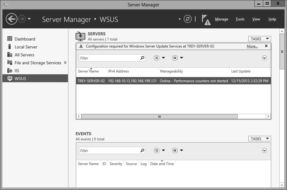 18 Rozdział 1: Wdrażanie i utrzymanie serwerów oraz zarządzanie nimi RYSUNEK 1-6 Strona WSUS w konsoli Server Manager Instalowanie i konfigurowanie z wykorzystaniem wiersza poleceń WSUS można