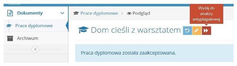 Rolą opiekuna jest zweryfikowanie treści dokumentu i nazwy pliku dodanego przez studenta do sprawdzenia i zaakceptowanie pracy lub skierowanie jej do poprawy.