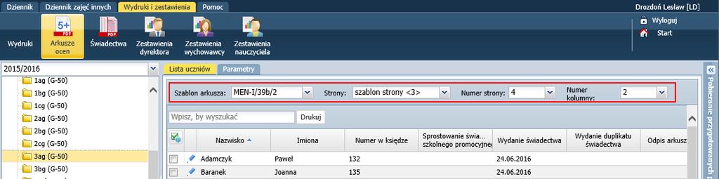 świadectwa ukończenia szkoły? 10/14 4. Przejdź na kartę Parametry i zaznacz opcję Drukowanie zbiorczej kolumny dla klasyfikacji końcowej.