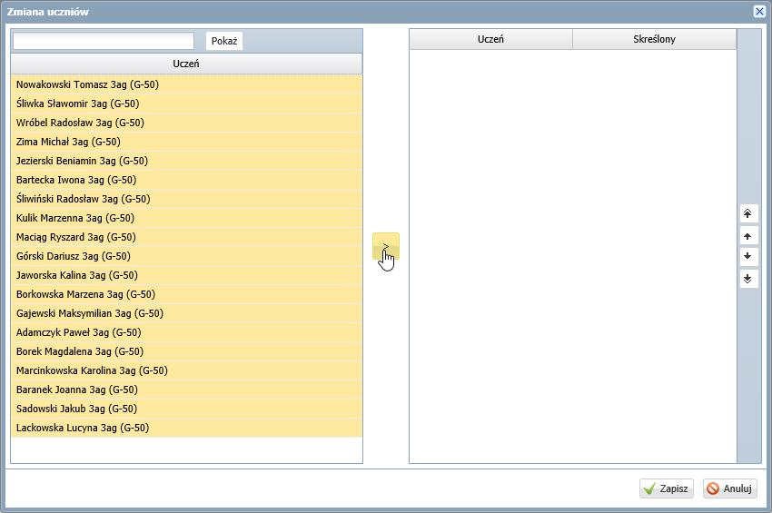 świadectwa ukończenia szkoły? 4/14 6. W oknie Zmiana uczniów przenieś uczniów z listy po lewej stronie na listę p prawej stronie i kliknij przycisk Zapisz.