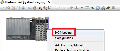 Przechodzimy zakładki do System Designera klikając ikonę, a następnie prawym przyciskiem myszy na moduł CM8281 i wybieramy opcję I/O Mapping.