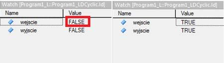 Klikając na wartość zmiennej wejscie w okienku Watch zmieńmy jej wartość na TRUE. Zmienna wejscie przeszła w tryb Force.