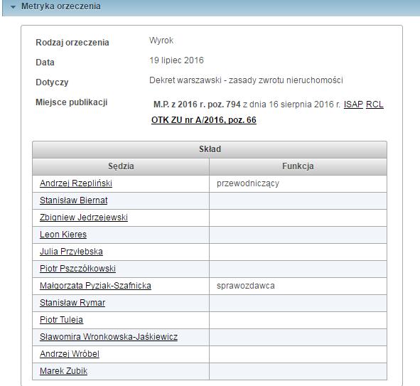 Metryka orzeczenia W metryce orzeczenia znajdują się linki umożliwiające szybkie wyszukanie profilu danego