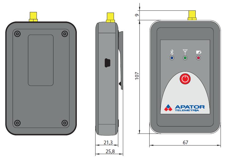 3.2. Wymiary urządzenia oraz anteny załączonej w standardzie Parametry fizyczne urządzenia 3.3. Dane techniczne Wireless M-Bus T1 mode 868.950 MHz T2 mode 868.