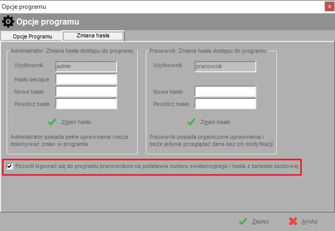 Domyślne hasło można zmienić w opcjach programu, patrz: menu program -> opcje -> zakładka zmiana hasła.