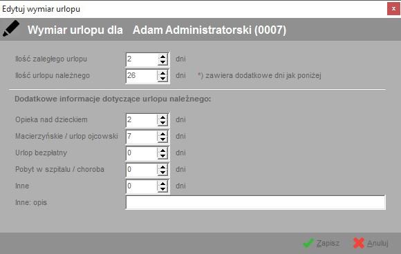 Pola Ilość zaległego urlopu oraz Ilość urlopu należnego wykorzystywane są do kontroli ilości dni zaznaczonych na grafiku urlopowym.