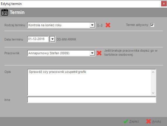 Terminarz Funkcja terminarz służy do zapisywania dowolnych terminów, które mogą być skojarzone ze wskazanym pracownikiem, choć nie muszą.