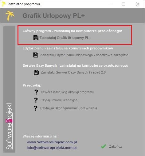 2. Aby program główny posiadał możliwość obsługi bazy danych należy zainstalować silnik baz danych Firebird. Instalator znajduje się na płycie CD.