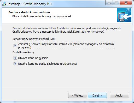 Na uwagę zasługuje opcja Serwer Bazy Danych Firebird 2.0 / Zainstaluj Serwer Bazy Danych Firebird 2.0 (element wymagany do działania programu głównego).