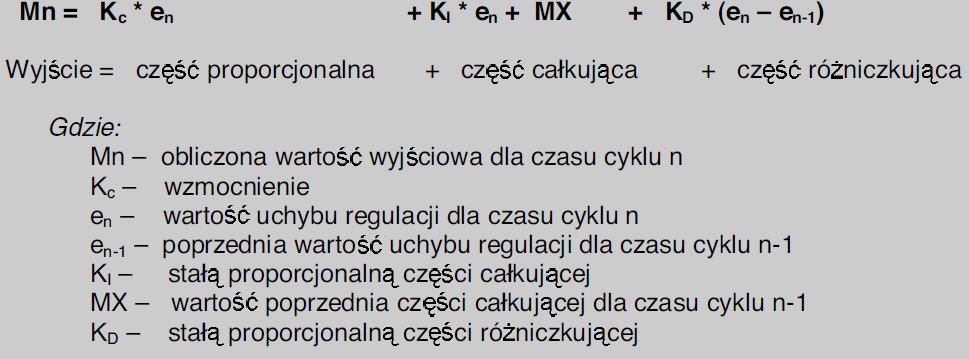 Algorytm regulatora ciągłego PID U ( t ) 1 d ε ( t ) = K P ε ( t ) + ε ( t ) dt + T d T i dt Współczynnik proporcjonalności K p możemy ustalić jako