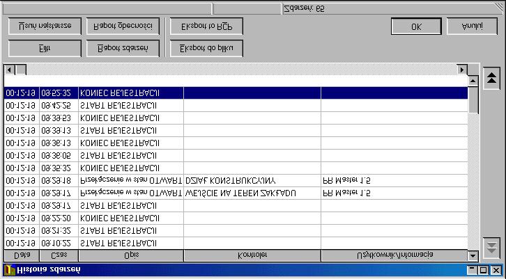 Aby odczytać zarejestrowane w bazie danych zdarzenia należy z głównego Menu wybrać: Widok Historia zdarzeń.