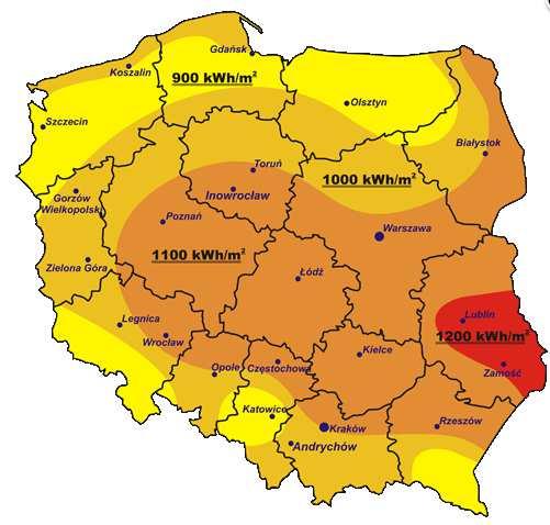 Rysunek 27. Mapa nasłonecznienia Źródło http://www.enis-pv.com/naslonecznienie-w-polsce.html 7.3.1.