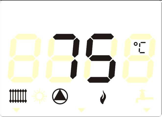Na wyświetlaczu pokazano symbole: trybu pracy, włączonej pompy, obecności płomienia Nastawa temperatury wody użytkowej Podczas ustawienia temperatury wody użytkowej (przyciski {+/- C.W.