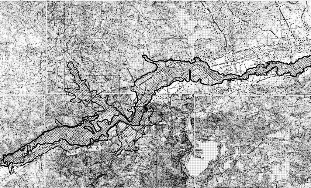 127 Rys. 3. Fragment doliny Raby, linia cofki zbiornika oraz obszar zalewu dla wybranej fali z pokazaną zabudową w dolinie Fig. 3. Part of valley of Raba catchment, contour of Dobczyce reservoir and inundation area of the chosen flood wave Rys.