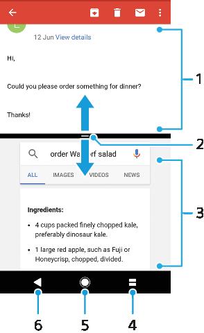 1 Aplikacja 1 2 Granica podzielonego ekranu przeciągając ją, można zmienić rozmiar okien 3 Aplikacja 2 4 Klawisz podziału ekranu umożliwia wybór ostatnio używanej aplikacji 5 Klawisz ekranu głównego