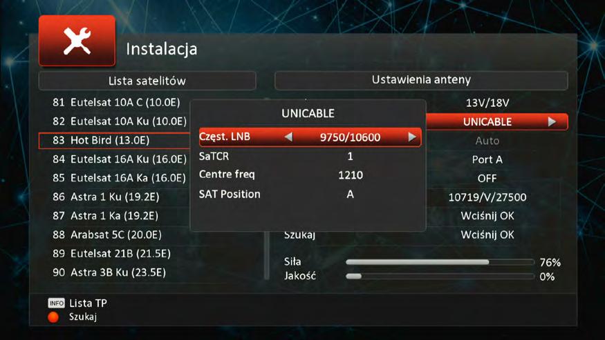 W menu Ustawienia anteny należy wybrać satelity dostępne na wykonanej instalacji antenowej, określić ustawienia częstotliwości LNB i jeśli trzeba - także porty przełącznika DiSEqC.