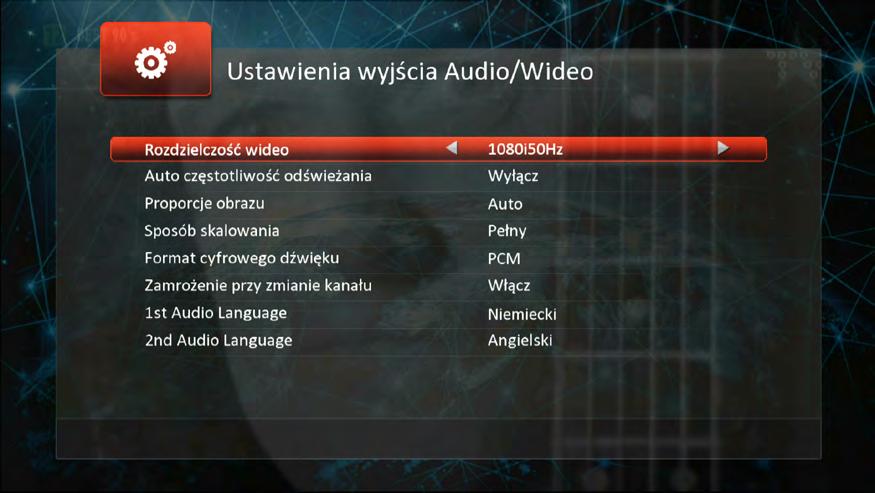 Ustawienia wyjścia Audio/Wideo KONFIGURACJA Jeśli jest taka potrzeba - można tu dostosować sposób dopasowywania proporcji obrazu do posiadanego ekranu TV, zmienić rozdzielczość (jakość) obrazu oraz