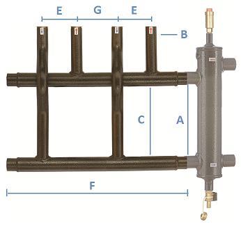 Kolektory rozdzielające do instalacji grzewczych wersje nieocieplone Obiegi na instalacje (wymiar B) DN25 bez izolacji Kod produktu 05 02 040 05 02 070 05 02 100 05 02 115 05 02 156 Ilość obiegów 2 +