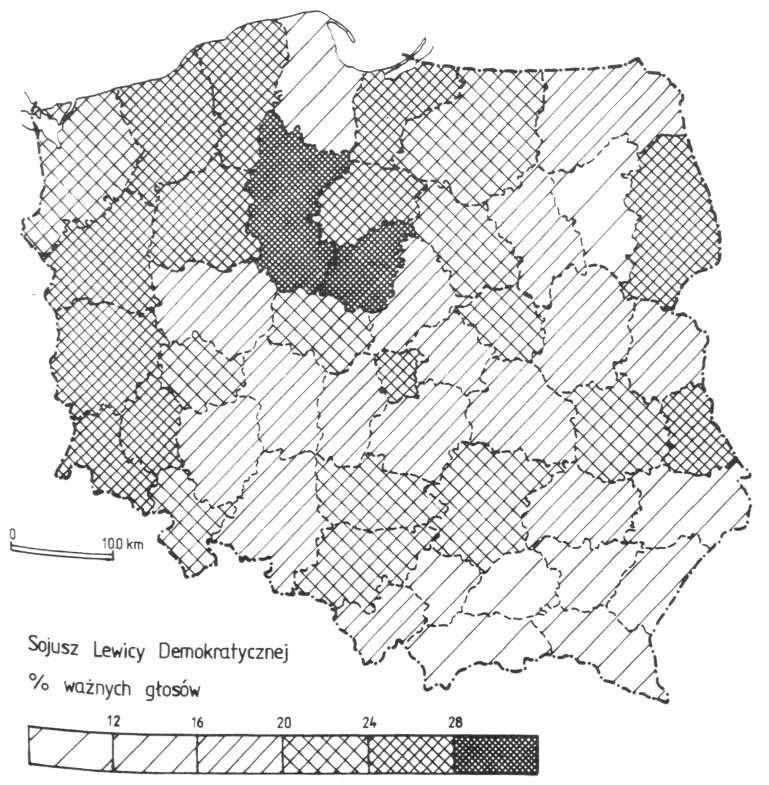 Zróżnicowanie regionalne wyników wyborów parlamentarnych 139 Ryc. 2 Zróżnicowanie przestrzenne poziomu poparcia elektoralnego Sojuszu Lewicy Demokratycznej w 1993 r. rzeszowskim 12.7%, przemyskim 12.