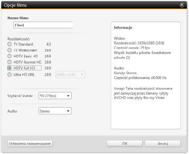 Edycja materiałów wideo Okno Opcje filmu Po lewej stronie dostępne są różne opcje ustawień. Na wyświetlaczu Informacje po prawej stronie znajduje się podsumowanie wybranych ustawień.
