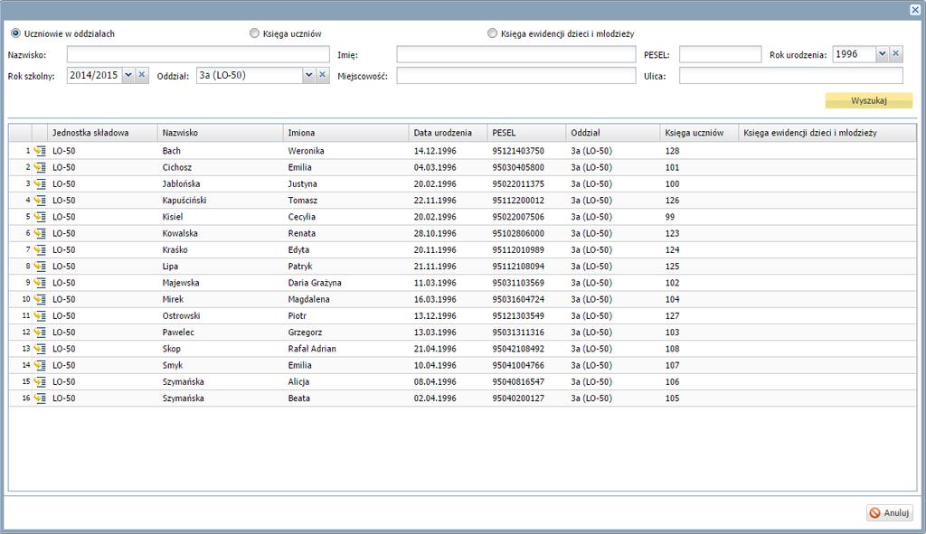 Ewidencja uczniów Szybkie wyszukiwanie uczniów Użytkownik może w szybki sposób wyszukać ucznia lub uczniów za pomocą przycisku Wyszukaj ucznia na wstążce.