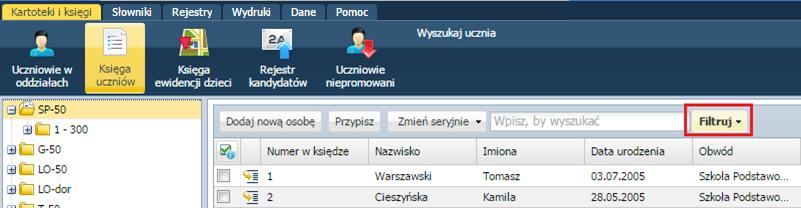 Ewidencja uczniów Aby wyszukać lub posortować daną grupę uczniów należy w panelu